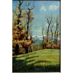 ANTICO QUADRO OLIO TAVOLA C. Pogliaghi PAESAGGIO MONTANO AUTUNNO LAGO D'ORTA 