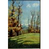 ANTICO QUADRO OLIO TAVOLA C. Pogliaghi PAESAGGIO MONTANO AUTUNNO LAGO D'ORTA 