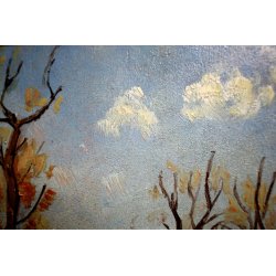 ANTICO QUADRO OLIO TAVOLA C. Pogliaghi PAESAGGIO MONTANO AUTUNNO LAGO D'ORTA 