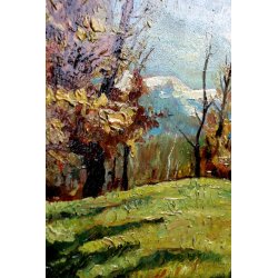 ANTICO QUADRO OLIO TAVOLA C. Pogliaghi PAESAGGIO MONTANO AUTUNNO LAGO D'ORTA 