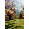 ANTICO QUADRO OLIO TAVOLA C. Pogliaghi PAESAGGIO MONTANO AUTUNNO LAGO D'ORTA 