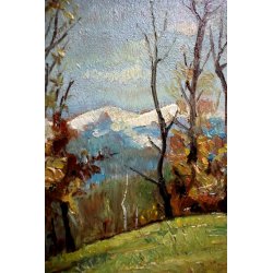 ANTICO QUADRO OLIO TAVOLA C. Pogliaghi PAESAGGIO MONTANO AUTUNNO LAGO D'ORTA 