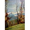 ANTICO QUADRO OLIO TAVOLA C. Pogliaghi PAESAGGIO MONTANO AUTUNNO LAGO D'ORTA 