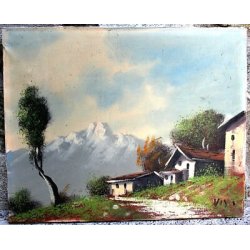 QUADRO DIPINTO OLIO TELA Vis PAESAGGIO MONTANO VEDUTA MONTAGNA NEVE BAITE '900