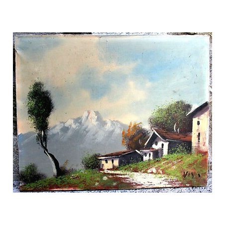 QUADRO DIPINTO OLIO TELA Vis PAESAGGIO MONTANO VEDUTA MONTAGNA NEVE BAITE '900