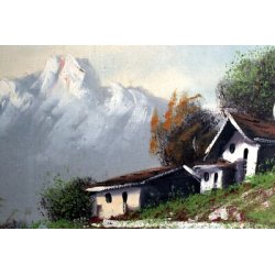 QUADRO DIPINTO OLIO TELA Vis PAESAGGIO MONTANO VEDUTA MONTAGNA NEVE BAITE '900