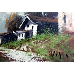 QUADRO DIPINTO OLIO TELA Vis PAESAGGIO MONTANO VEDUTA MONTAGNA NEVE BAITE '900