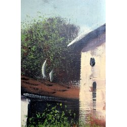 QUADRO DIPINTO OLIO TELA Vis PAESAGGIO MONTANO VEDUTA MONTAGNA NEVE BAITE '900