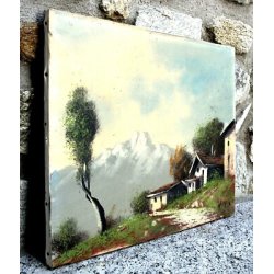 QUADRO DIPINTO OLIO TELA Vis PAESAGGIO MONTANO VEDUTA MONTAGNA NEVE BAITE '900
