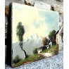 QUADRO DIPINTO OLIO TELA Vis PAESAGGIO MONTANO VEDUTA MONTAGNA NEVE BAITE '900