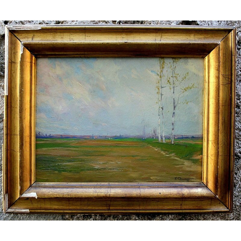 ANTICO QUADRO DIPINTO OLIO TAVOLA F. Omegna PAESAGGIO PIANURA TORINO '800/'900