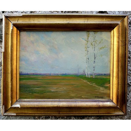 ANTICO QUADRO DIPINTO OLIO TAVOLA F. Omegna PAESAGGIO PIANURA TORINO '800/'900