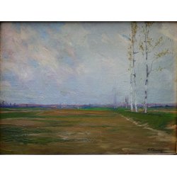 ANTICO QUADRO DIPINTO OLIO TAVOLA F. Omegna PAESAGGIO PIANURA TORINO '800/'900