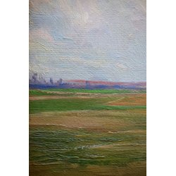 ANTICO QUADRO DIPINTO OLIO TAVOLA F. Omegna PAESAGGIO PIANURA TORINO '800/'900