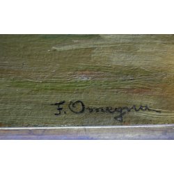 ANTICO QUADRO DIPINTO OLIO TAVOLA F. Omegna PAESAGGIO PIANURA TORINO '800/'900