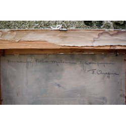 ANTICO QUADRO DIPINTO OLIO TAVOLA F. Omegna PAESAGGIO PIANURA TORINO '800/'900