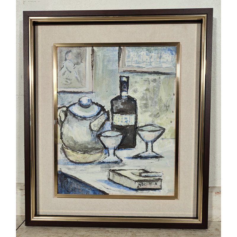 ANTICO QUADRO DIPINTO OLIO TELA Gibellini A. NATURA MORTA Bottiglia Bicchieri ..