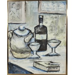 ANTICO QUADRO DIPINTO OLIO TELA Gibellini A. NATURA MORTA Bottiglia Bicchieri ..