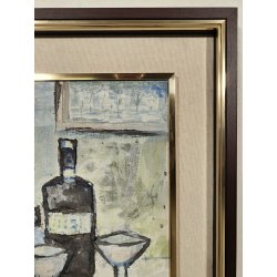 ANTICO QUADRO DIPINTO OLIO TELA Gibellini A. NATURA MORTA Bottiglia Bicchieri ..