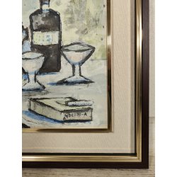 ANTICO QUADRO DIPINTO OLIO TELA Gibellini A. NATURA MORTA Bottiglia Bicchieri ..