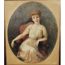 ANTICO QUADRO DIPINTO olio tela '800 RITRATTO OVALE GIOVANE DONNA ARISTOCRATICA