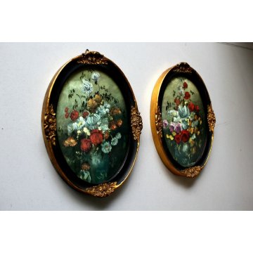 COPPIA ANTICA CORNICE OVALE LIBERTY FLOREALE LEGNO DORATO EBANIZZATO PRIMO '900 