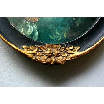 COPPIA ANTICA CORNICE OVALE LIBERTY FLOREALE LEGNO DORATO EBANIZZATO PRIMO '900 