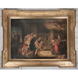 ANTICO QUADRO OLEOGRAFIA L' Adorazione dei pastori STAMPA TELA Cornice Dorata