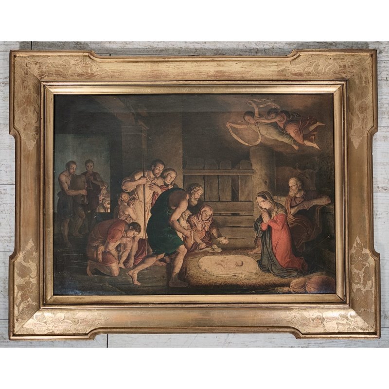 ANTICO QUADRO OLEOGRAFIA L' Adorazione dei pastori STAMPA TELA Cornice Dorata