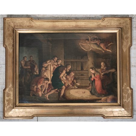 ANTICO QUADRO OLEOGRAFIA L' Adorazione dei pastori STAMPA TELA Cornice Dorata