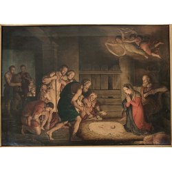 ANTICO QUADRO OLEOGRAFIA L' Adorazione dei pastori STAMPA TELA Cornice Dorata