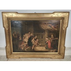 ANTICO QUADRO OLEOGRAFIA L' Adorazione dei pastori STAMPA TELA Cornice Dorata