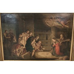 ANTICO QUADRO OLEOGRAFIA L' Adorazione dei pastori STAMPA TELA Cornice Dorata