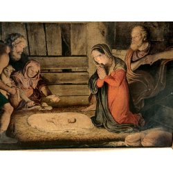 ANTICO QUADRO OLEOGRAFIA L' Adorazione dei pastori STAMPA TELA Cornice Dorata