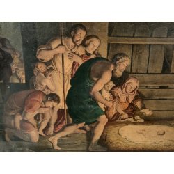 ANTICO QUADRO OLEOGRAFIA L' Adorazione dei pastori STAMPA TELA Cornice Dorata