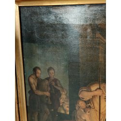 ANTICO QUADRO OLEOGRAFIA L' Adorazione dei pastori STAMPA TELA Cornice Dorata