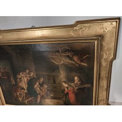 ANTICO QUADRO OLEOGRAFIA L' Adorazione dei pastori STAMPA TELA Cornice Dorata