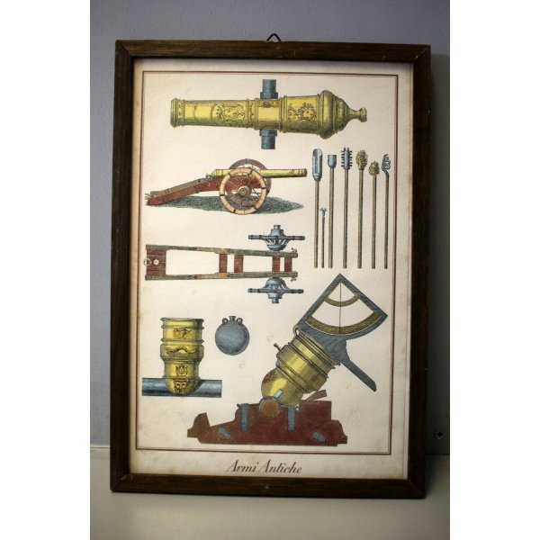 SET 6 CORNICI LEGNO PICCOLE STAMPE VINTAGE A COLORI Armi antiche 18x25,5-1950/60