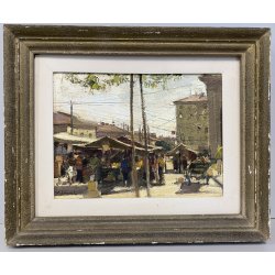 ANTICO DIPINTO OLIO TELA Valdemi SCORCIO FIGURE MERCATO CITTADINO