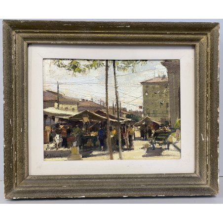 ANTICO DIPINTO OLIO TELA Valdemi SCORCIO FIGURE MERCATO CITTADINO