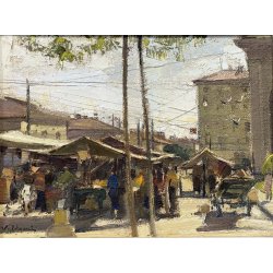 ANTICO DIPINTO OLIO TELA Valdemi SCORCIO FIGURE MERCATO CITTADINO