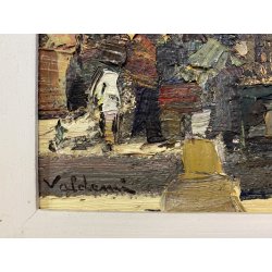 ANTICO DIPINTO OLIO TELA Valdemi SCORCIO FIGURE MERCATO CITTADINO