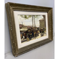 ANTICO DIPINTO OLIO TELA Valdemi SCORCIO FIGURE MERCATO CITTADINO