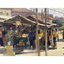 ANTICO DIPINTO OLIO TELA Valdemi SCORCIO FIGURE MERCATO CITTADINO