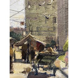 ANTICO DIPINTO OLIO TELA Valdemi SCORCIO FIGURE MERCATO CITTADINO