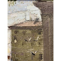 ANTICO DIPINTO OLIO TELA Valdemi SCORCIO FIGURE MERCATO CITTADINO