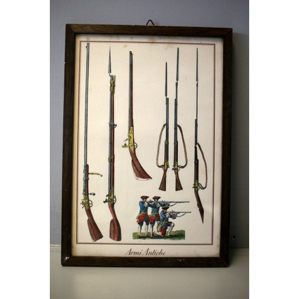 SET 6 CORNICI LEGNO PICCOLE STAMPE VINTAGE A COLORI Armi antiche 18x25,5-1950/60