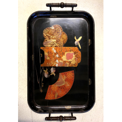 VASSOIO CINESE LEGNO SMALTO LACCATO NERO DECORO FLOREALE CHINOISERIE MID CENTURY