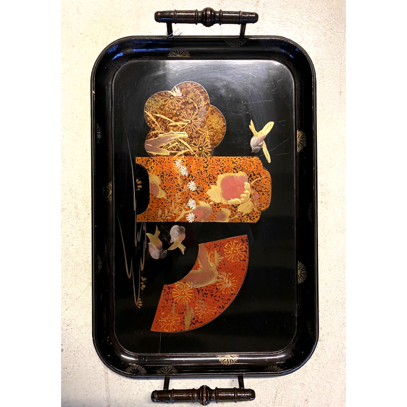 VASSOIO CINESE LEGNO SMALTO LACCATO NERO DECORO FLOREALE CHINOISERIE MID CENTURY
