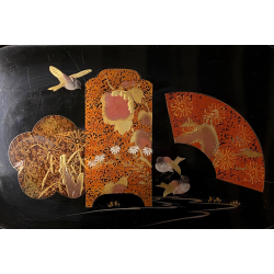 VASSOIO CINESE LEGNO SMALTO LACCATO NERO DECORO FLOREALE CHINOISERIE MID CENTURY